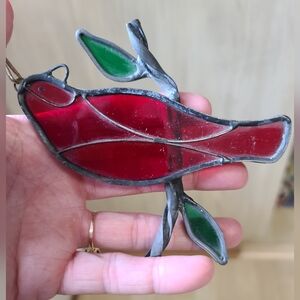 Vintage 70's Red Stained Glass Bird Sun Catcher, Cardinal